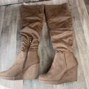 NEW Chinese Laundry Women's 8 Over the Knee Wedge Brown Boots Faux Suede No Box